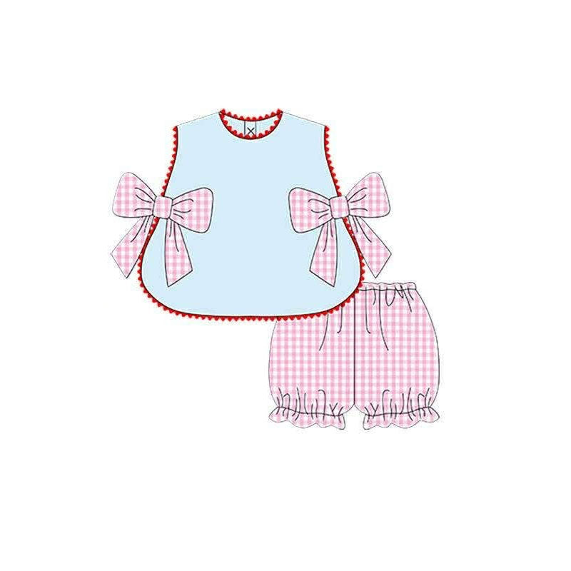 preorder GSSO3487 Blue Bows Sleeveless Pink Shorts Girls Set