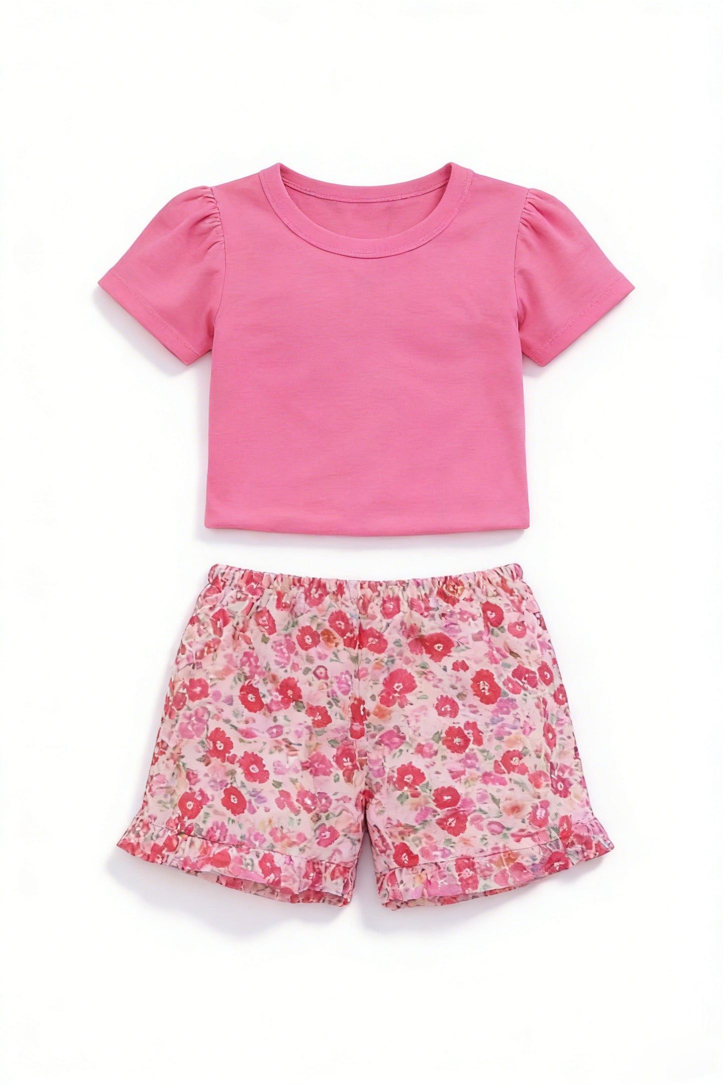 preorder GSSO3489 Hot Pink Short Sleeve Flowers Shorts Girls Set