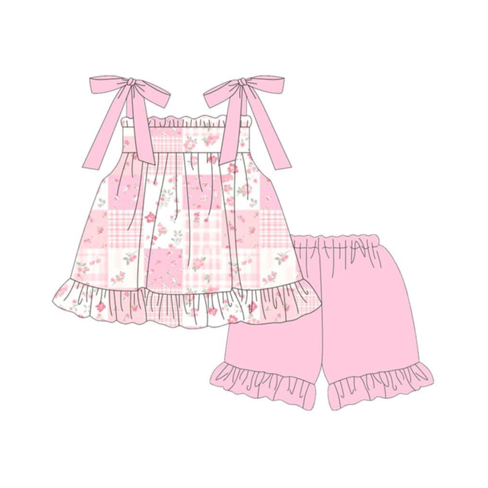 preorder GSSO3491 Pink Flowers Sleeveless Shorts Girls Set