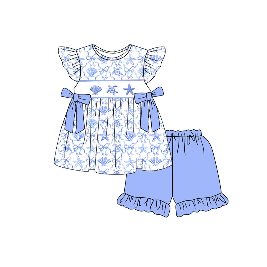 preorder GSSO3531 Shell Turtle Starfish Blue Flutter Sleeve Shorts Girls Set