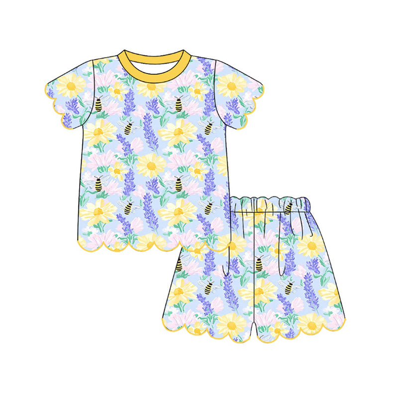 preorder GSSO3540 Flowers Bear Scallop Short Sleeve Shorts Girls Set