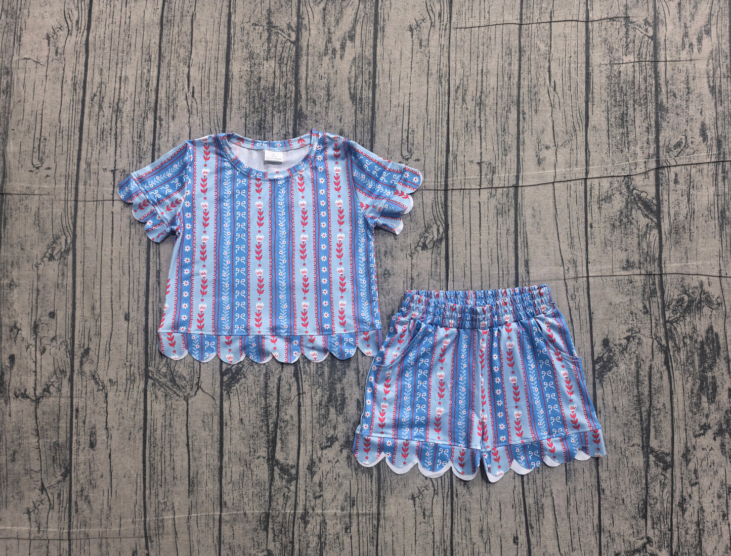preorder Samples GSSO3554 July 4th Red Blue Flowers Short Sleeve Shorts Girls Set