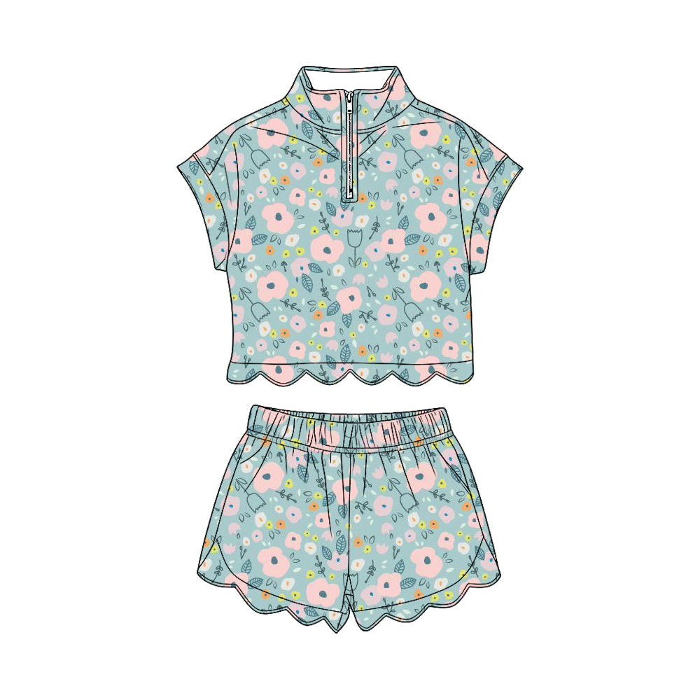 preorder GSSO3573 Scallop Flowers Short Sleeve Shorts Girls Set