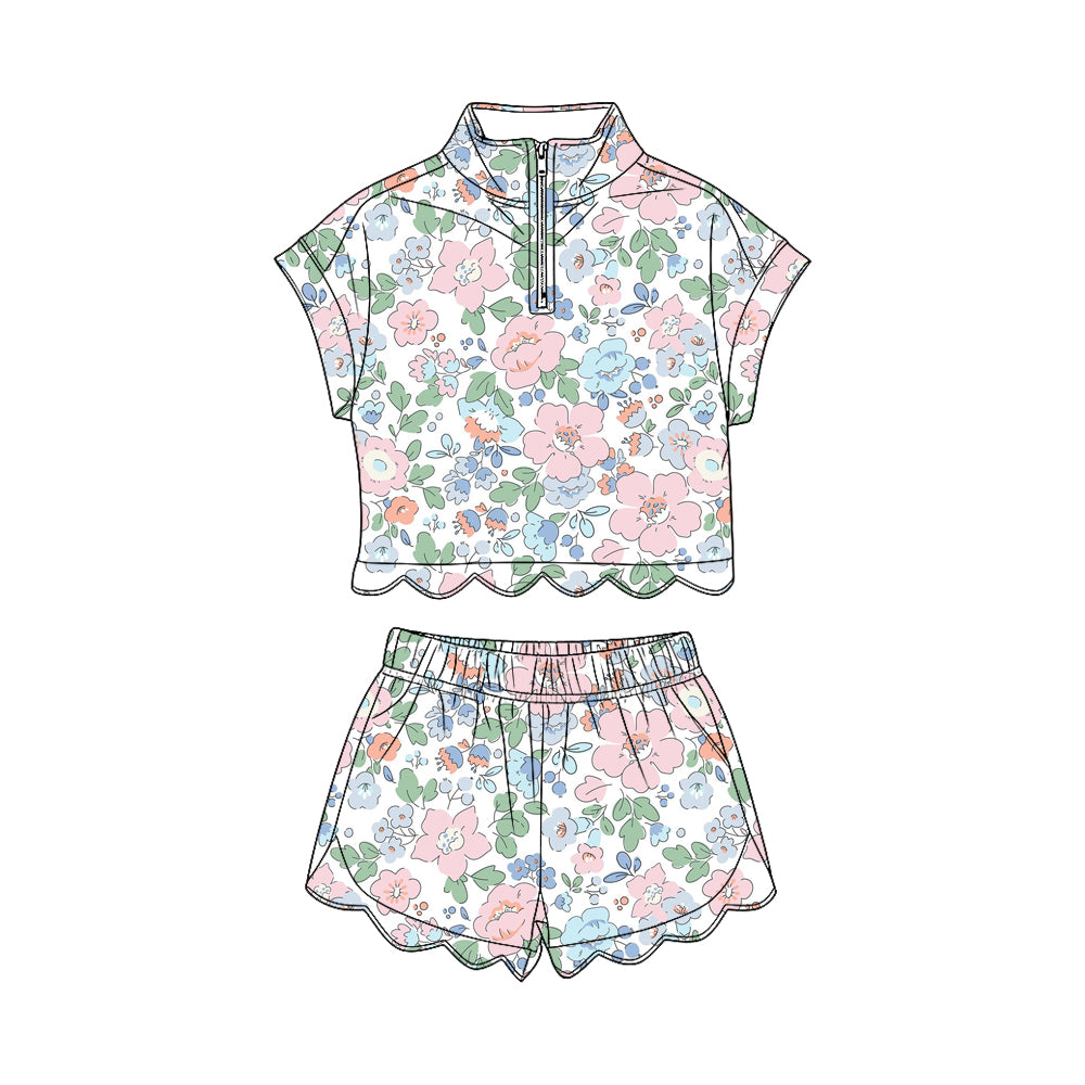 preorder GSSO3577 Scallop Flowers Short Sleeve Shorts Girls Set