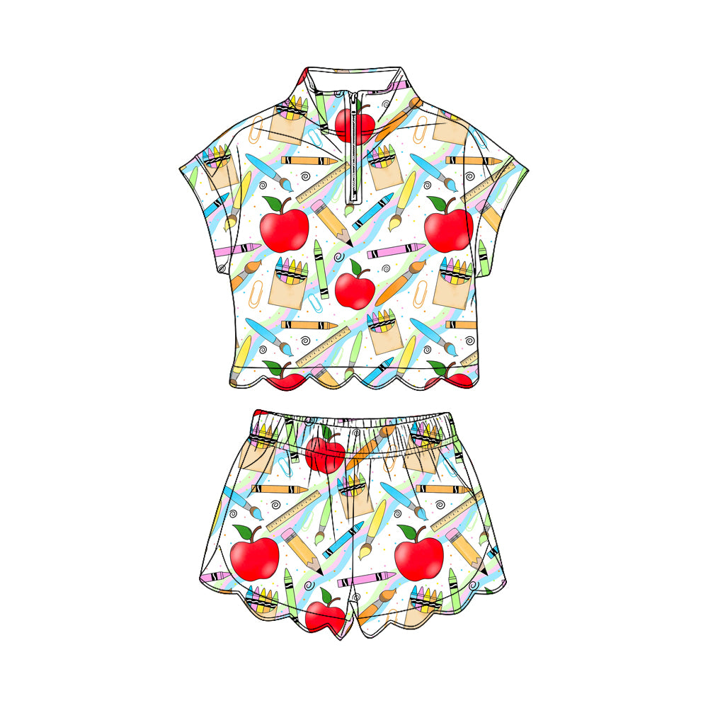 preorder GSSO3586 Scallop Back To School Short Sleeve Shorts Girls Set