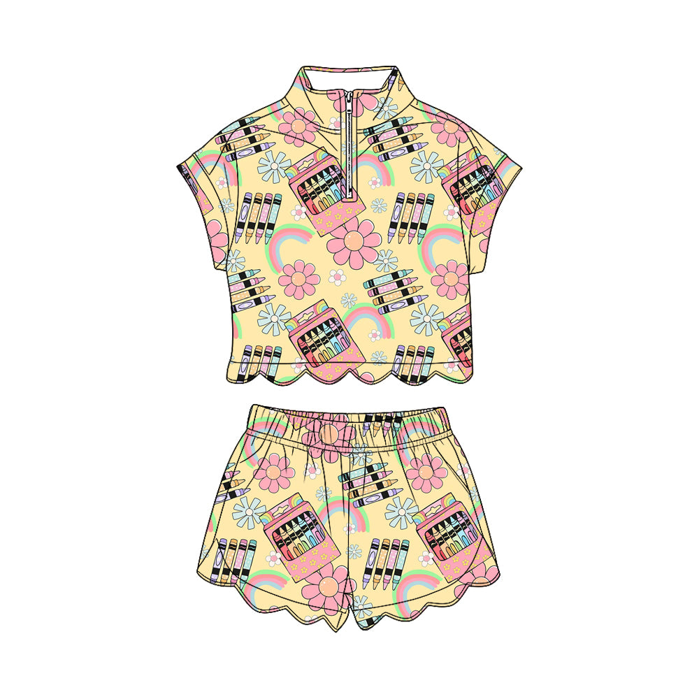 preorder GSSO3587 Scallop Back To School Short Sleeve Shorts Girls Set