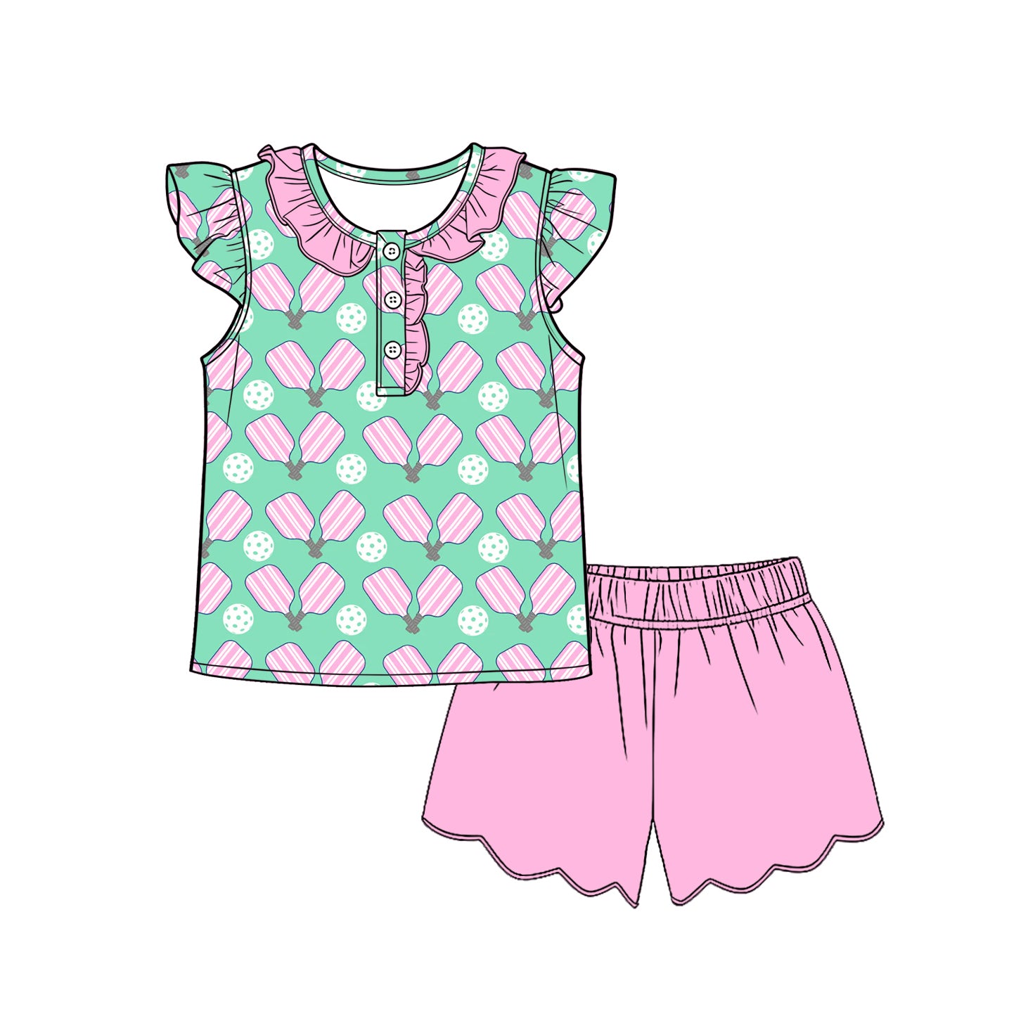 preorder GSSO3597 Pickleball Green Flutter Sleeve Pink Shorts Girls Set