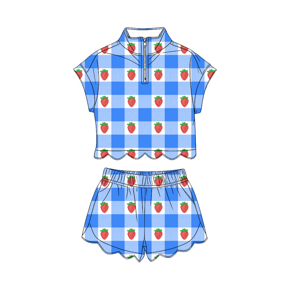 preorder GSSO3600 Strawberry Blue Checkered Scallop Zipper Short Sleeve Shorts Girls Set