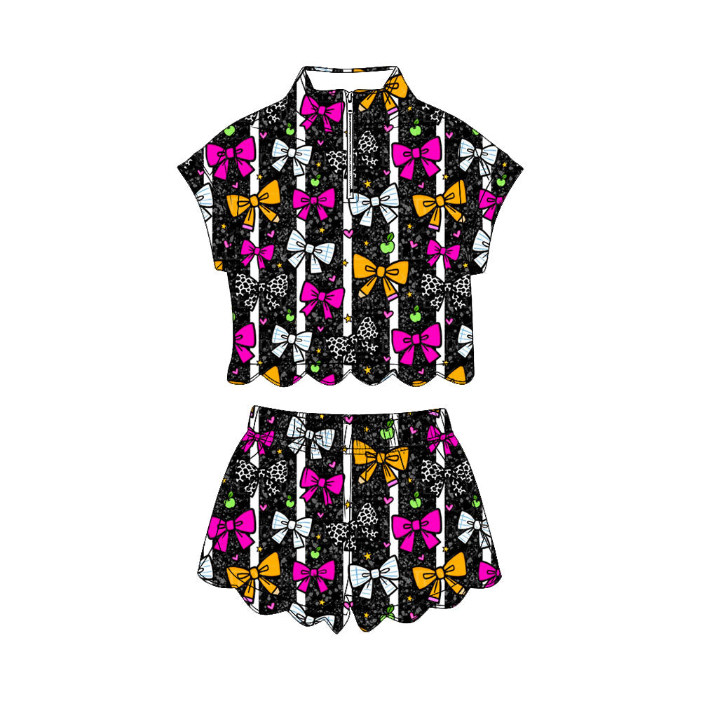 preorder GSSO3603 Back To School Pen Bows Black Scallop Zipper Short Sleeve Shorts Girls Set