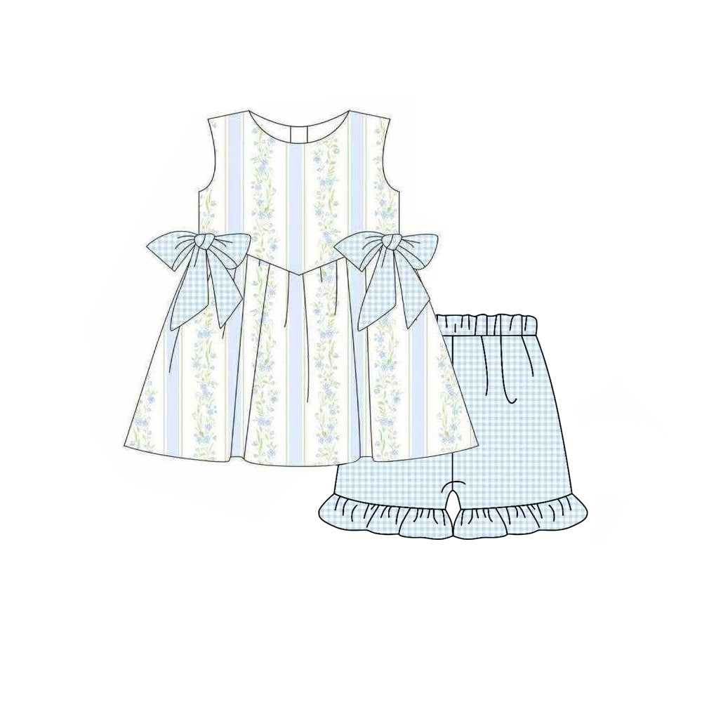 preorder GSSO3604 Blue Flowers Bows Sleeveless Shorts Girls Set