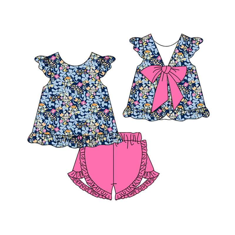 preorder GSSO3607 Flowers With Bow Flutter Sleeve Hot Pink Shorts Girls Set