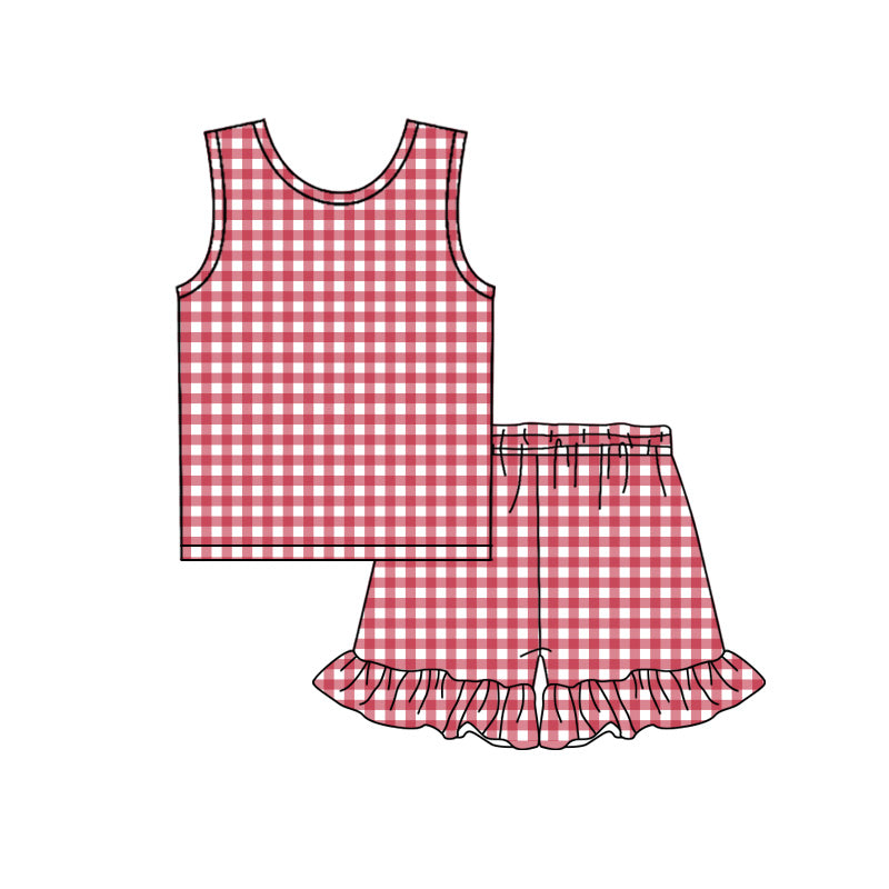 preorder GSSO3623 Red Checkered Short Sleeve Shorts Girls Set