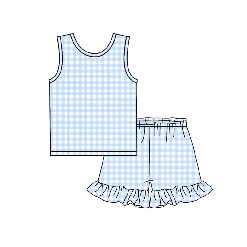 preorder GSSO3624 Blue Checkered Short Sleeve Shorts Girls Set