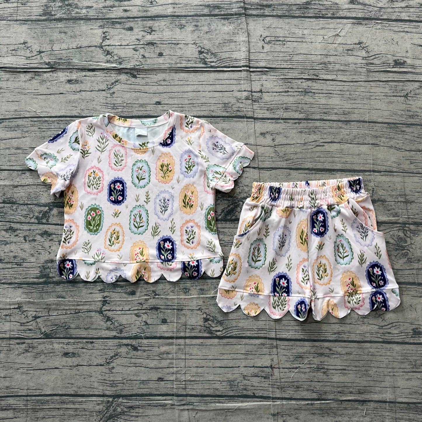 preorder Samples GSSO3643 Scallop Flowers Short Sleeve Shorts Girls Set