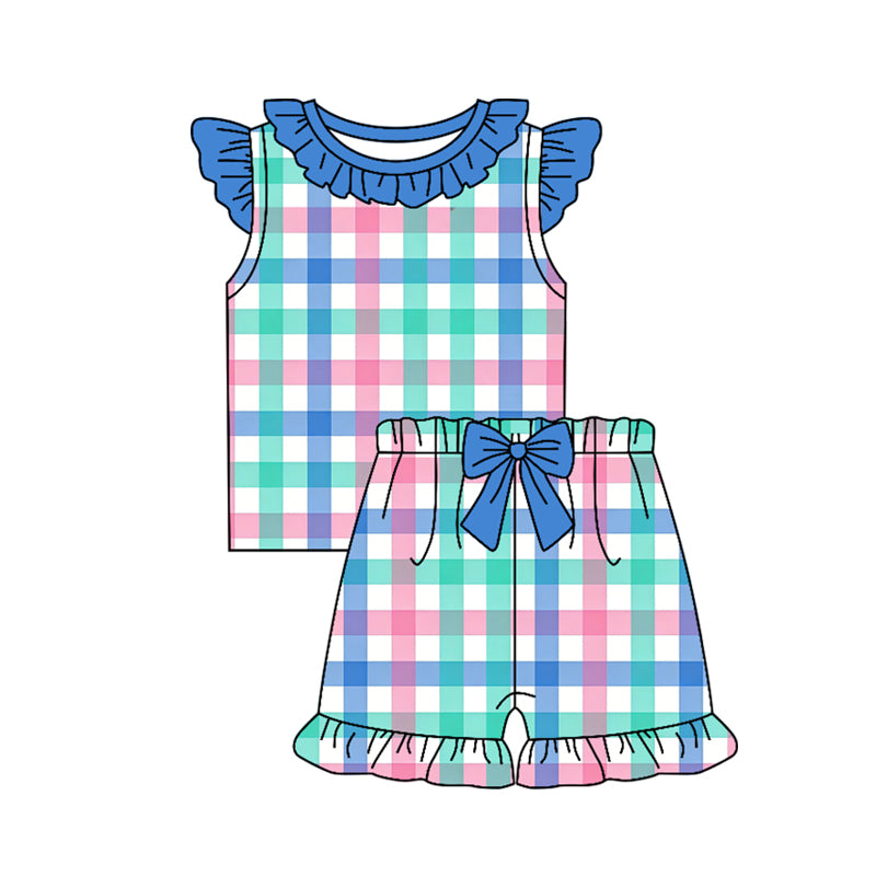 preorder GSSO3662 Colorful Striped Blue Flutter Sleeve Shorts Girls Set