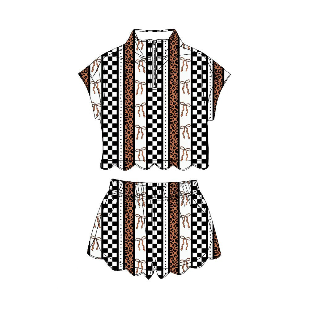 preorder GSSO3695 Scallop Bows Leopard Checkered Zipper Short Sleeve Shorts Girls Set