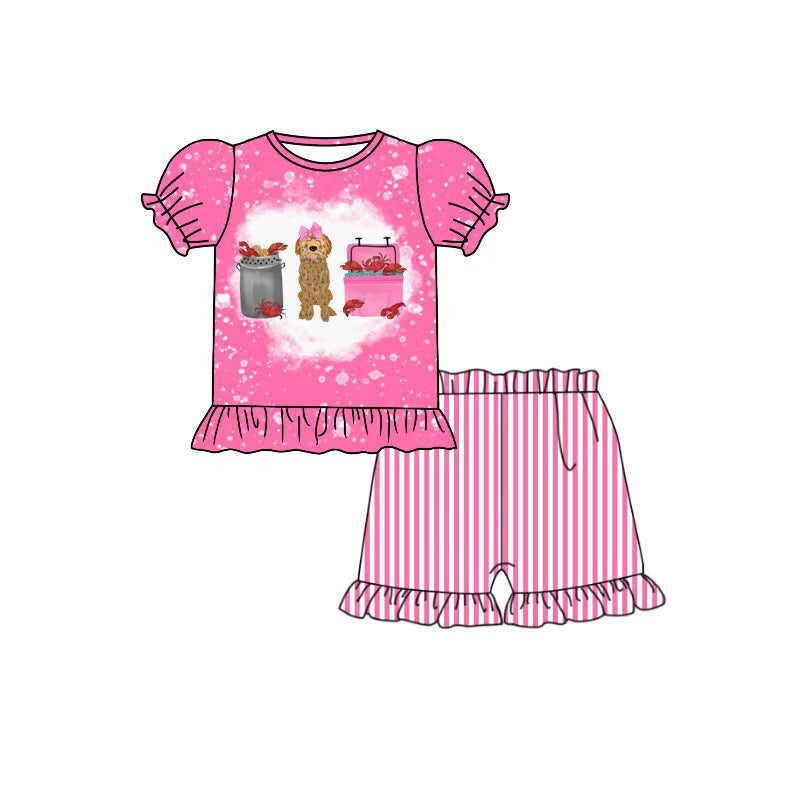 preorder GSSO3703 Crab Dog Beach Hot Pink Short Sleeve Shorts Girls Set