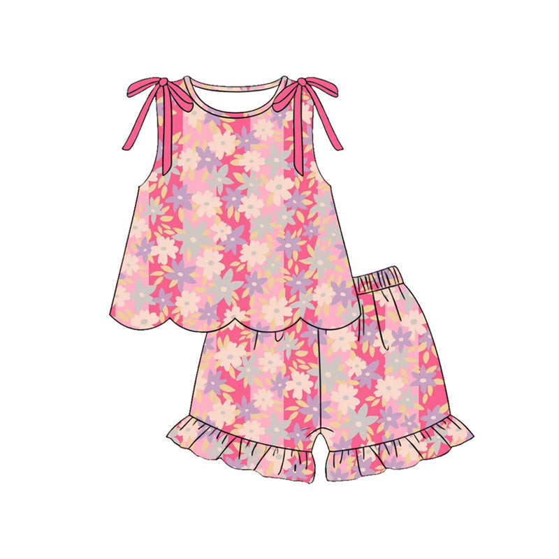 preorder GSSO3707 Scallop Flowers Pink Sleeveless Shorts Girls Set