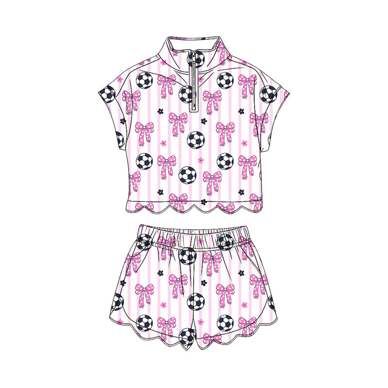 preorder GSSO3753 Soccer Bows Pink Zipper Short Sleeve Shorts Girls Set
