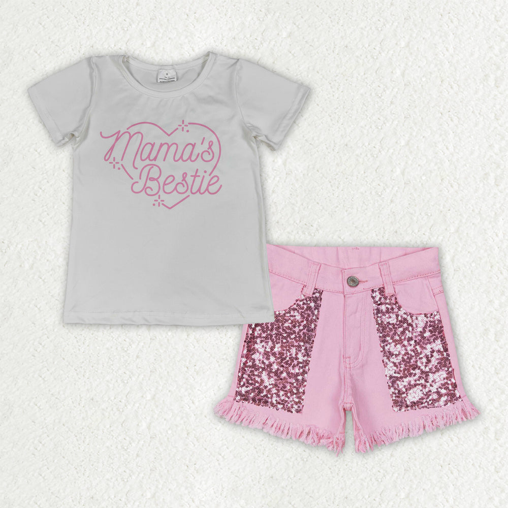 GSSO3756 Mama's Bestie Short Sleeve Pink Sequin Jeans Girls Set GT1565+SS0230