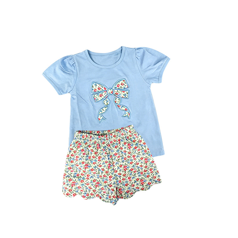 preorder GSSO3791 Floral Bow Blue Short Sleeve Floral Flowers Shorts Girls Set