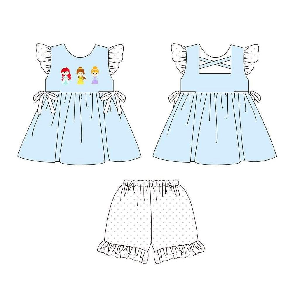 preorder GSSO3807 Cartoon Princess Blue Sleeveless Shorts Girls Set