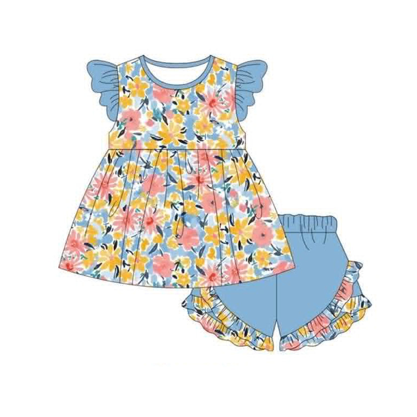 preorder GSSO3808 Colorful Flowers Flutter Sleeve Blue Shorts Girls Set