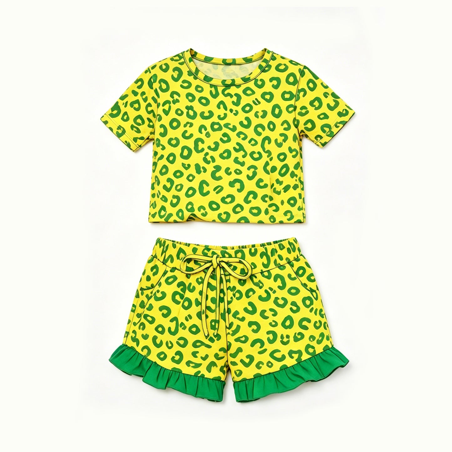 preorder GSSO3812 Leopard Green Short Sleeve Shorts Girls Set