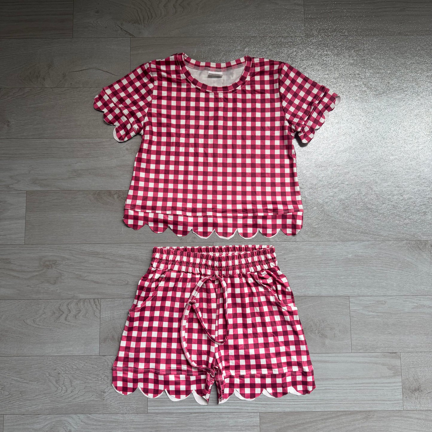 preorder Samples GSSO3836 Red Checkered Short Sleeve Shorts Girls Set