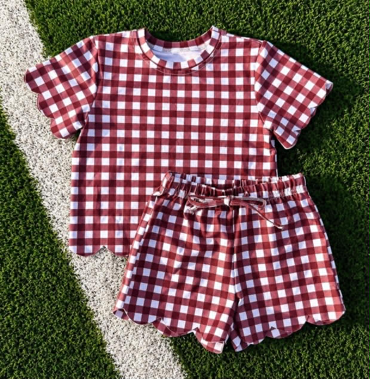 preorder GSSO3836 Red Checkered Short Sleeve Shorts Girls Set