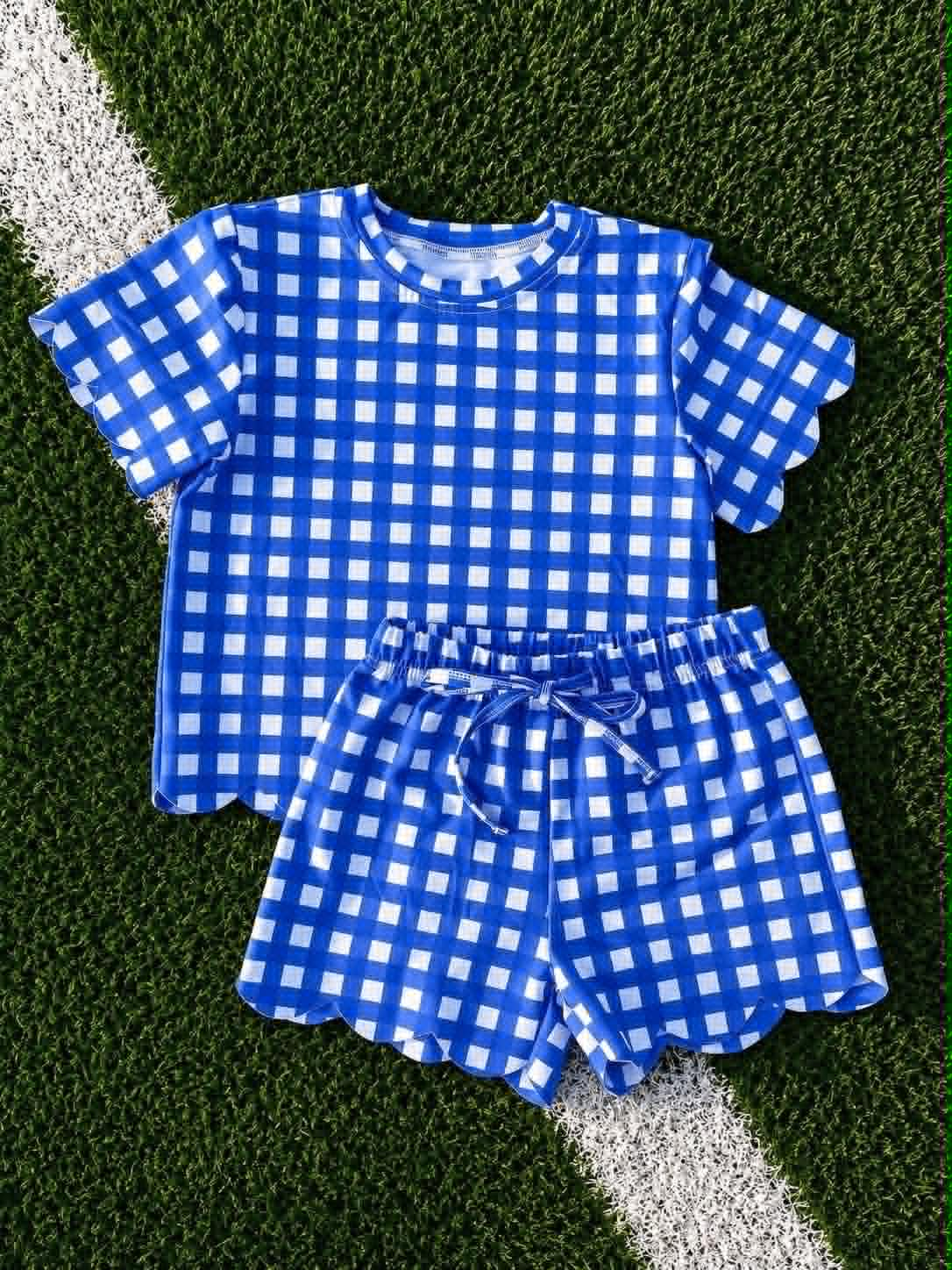 preorder GSSO3837 Blue Checkered Short Sleeve Shorts Girls Set