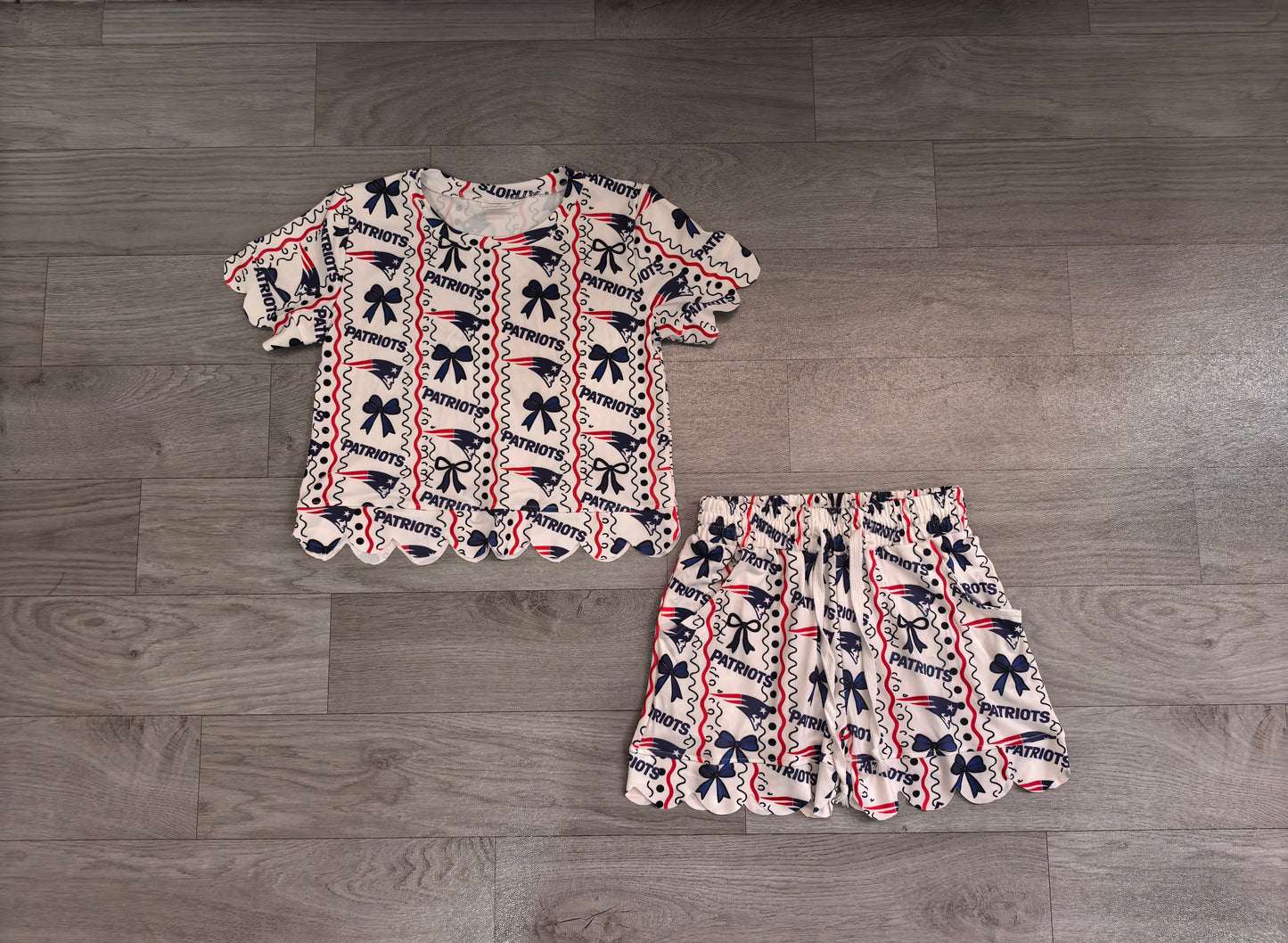 preorder Samples GSSO3854 Scallop PATRIOTS Bows Blue Short Sleeve Shorts Girls Set