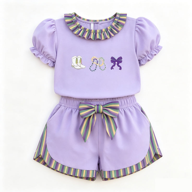 preorder GSSO3861 Mardi Gras Bow Boot Purple Short Sleeve Shorts Girls Set