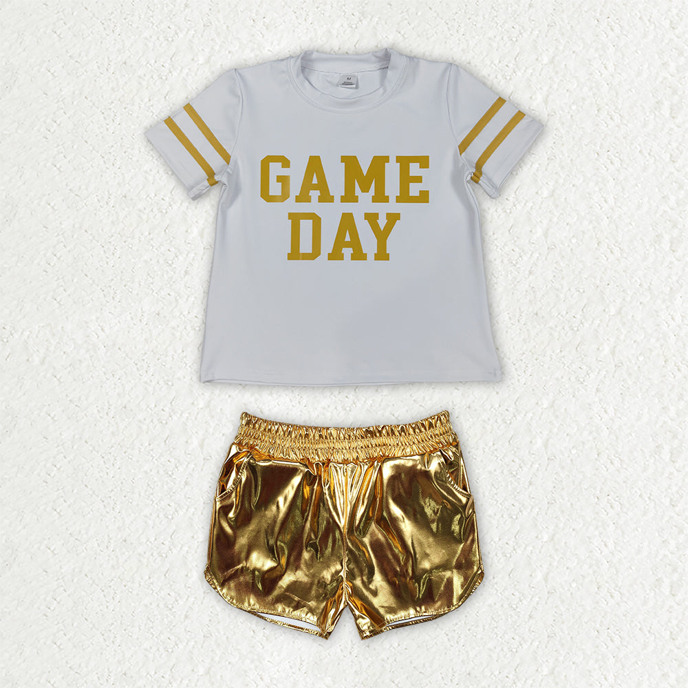 GSSO3869 Yoga GAMEDAY Yellow Short Sleeve Yellow Leather Shorts Girls Set GT1101+SS0417