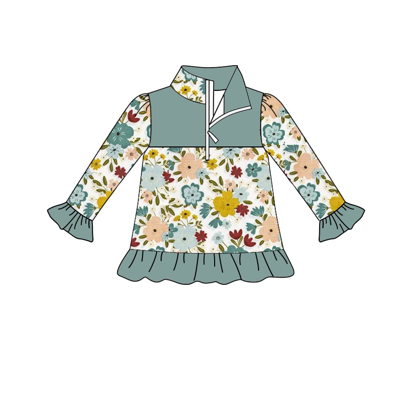 preorder GT0364 Colorful flowers blue long sleeve girls pullover