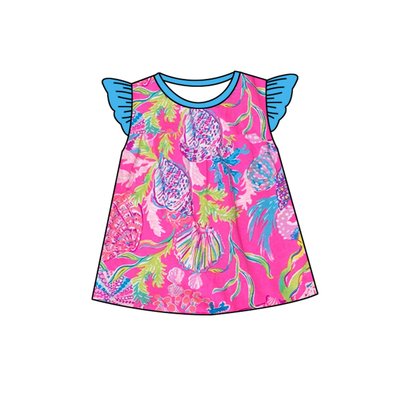 preorder GT0564 hot pink shell fish blue flutter sleeve girls top