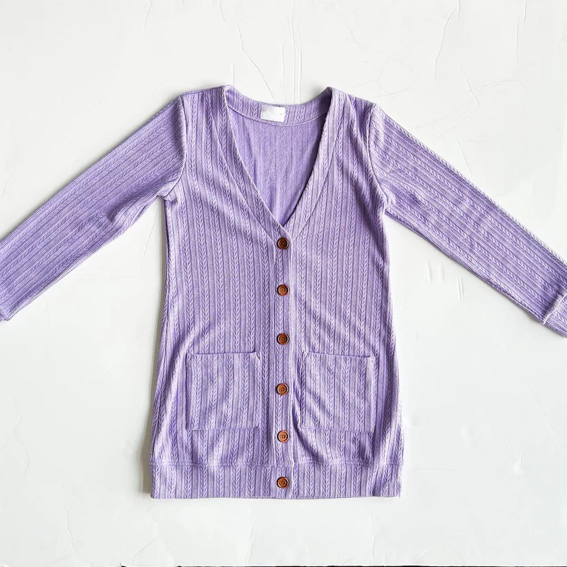 preorder GT0612 purple pockets long sleeve girls cardigan
