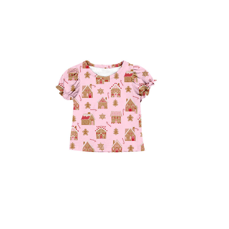 preorder GT0675 Christmas gingerbread man pink short sleeve girls top