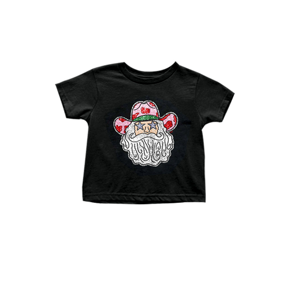 preorder GT0724 Christmas Western Santa black short sleeve girls top