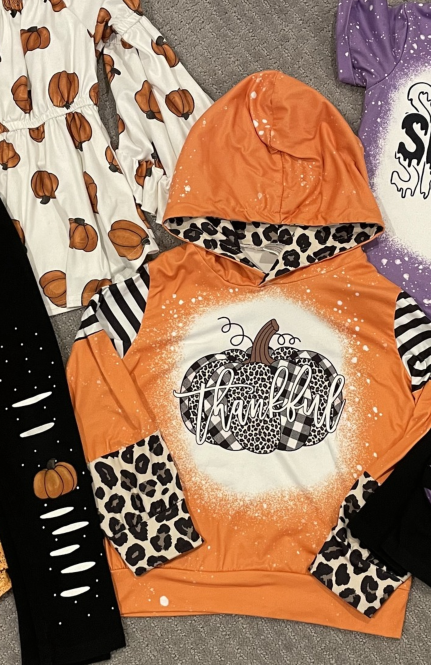 preorder GT0736 leopard pumpkin Thankful orange long sleeve hoodie girls top