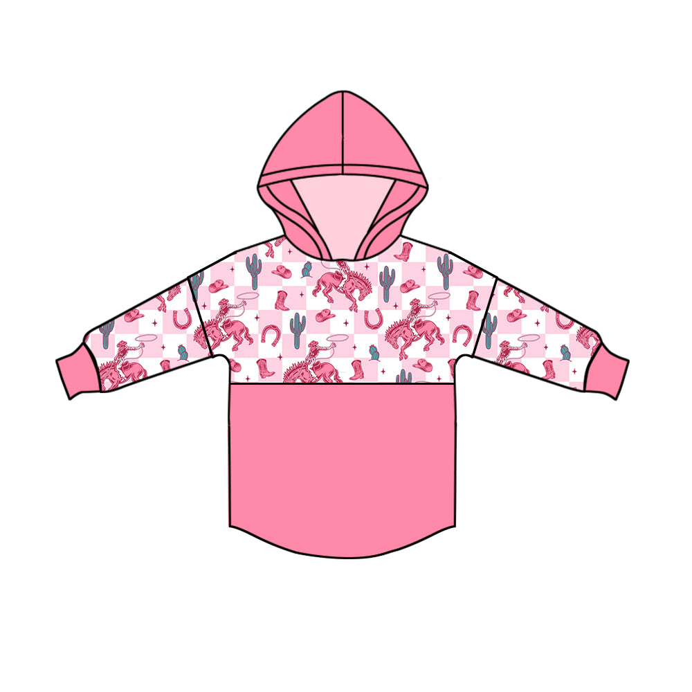 preorder GT0737 Western rodeo cactus pink checkered long sleeve hoodie girls top