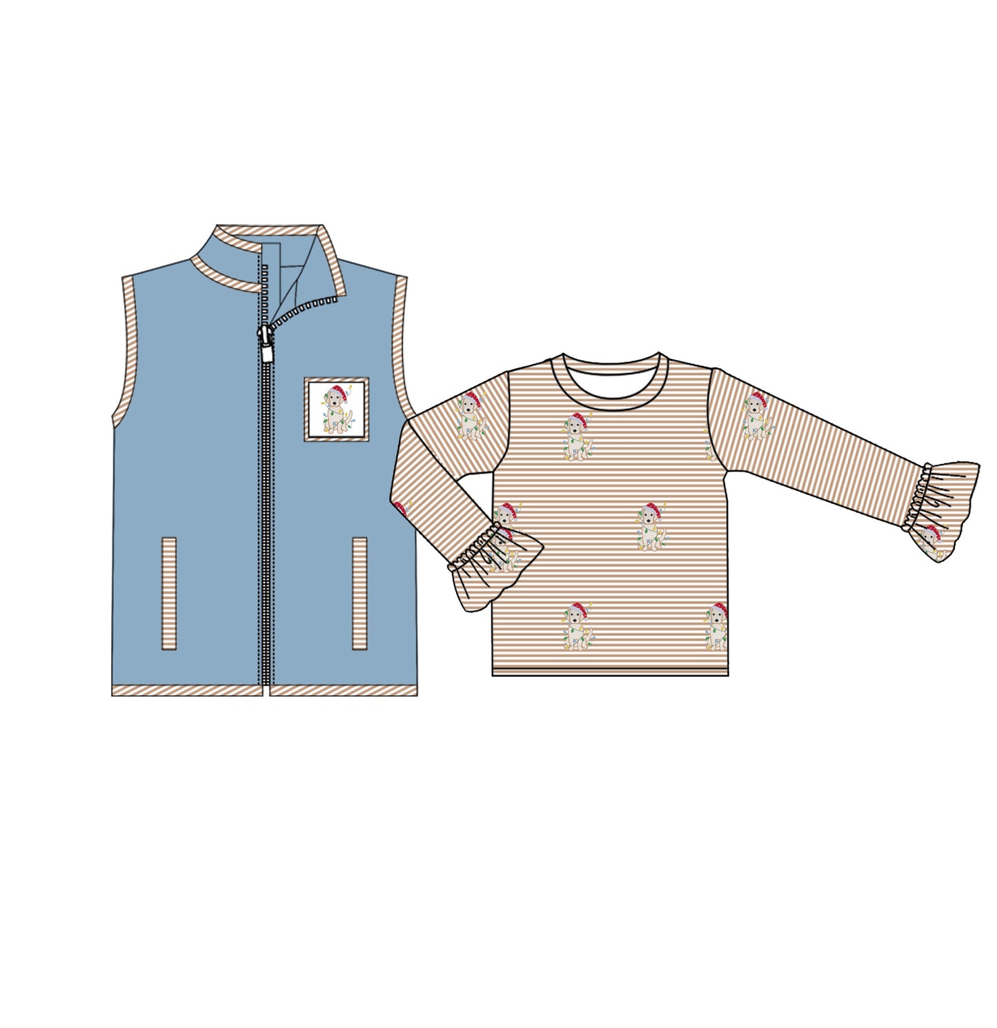 preorder GT0744 Christmas dog light khaki striped long sleeve blue zipper coat girls 2pcs
