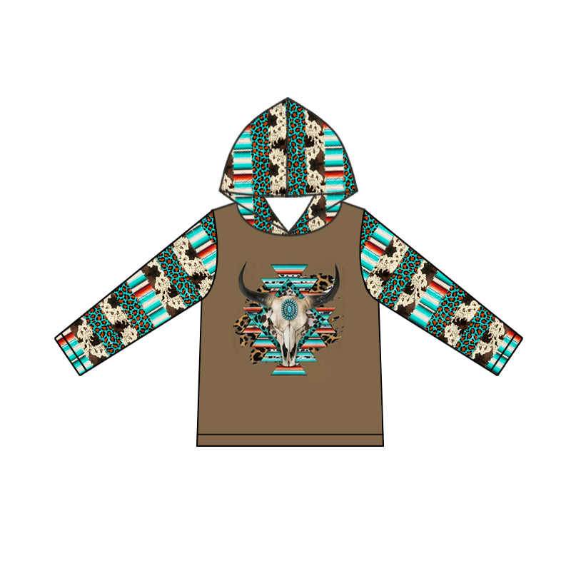 preorder GT0778 WEestern cow Aztec turquoise hoodie long sleeve girls pullover