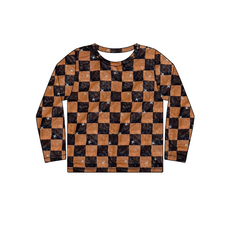 preorder GT0862 brown black checkered long sleeve girls top