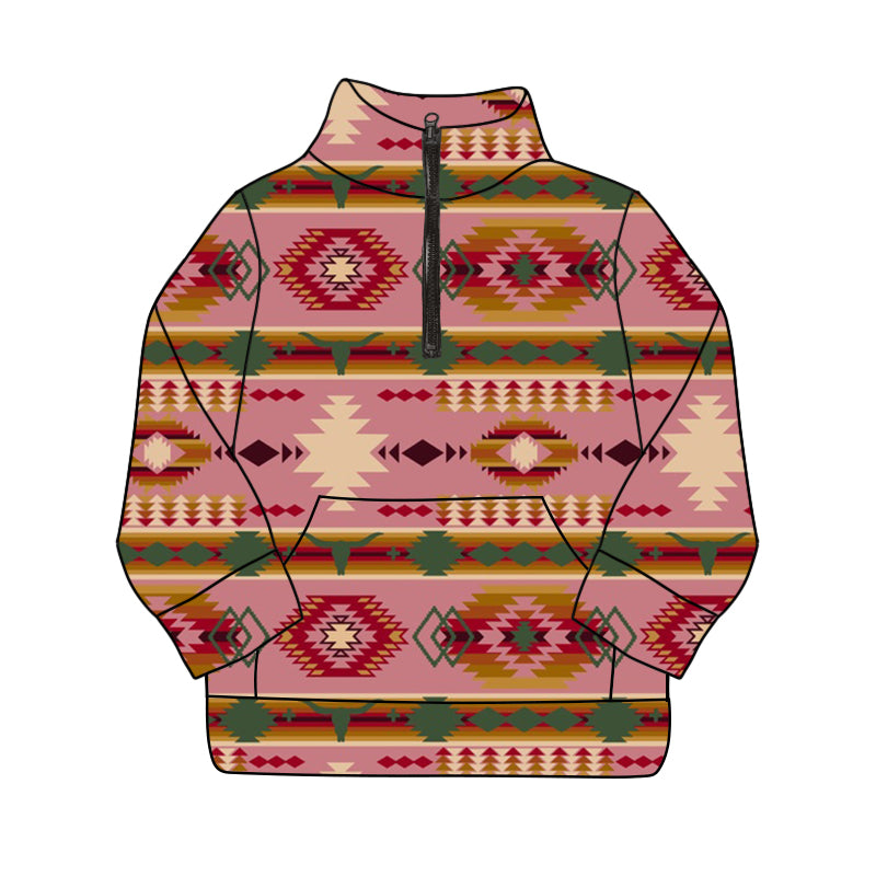 preorder GT0867 Western Aztec cow pink pocket zipper long sleeve girls pullover