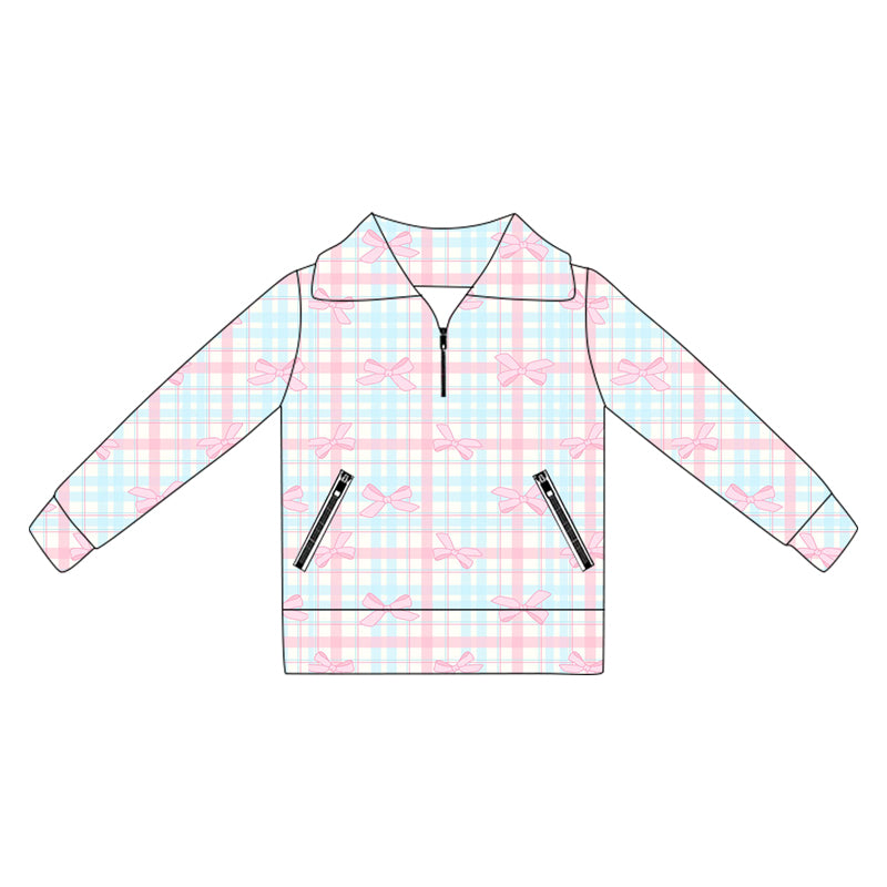 preorder GT1067 yoga pink bows blue checkered long sleeve zipper girls top