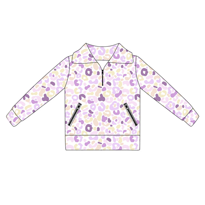 preorder GT1073 yoga purple leopard long sleeve zipper girls top