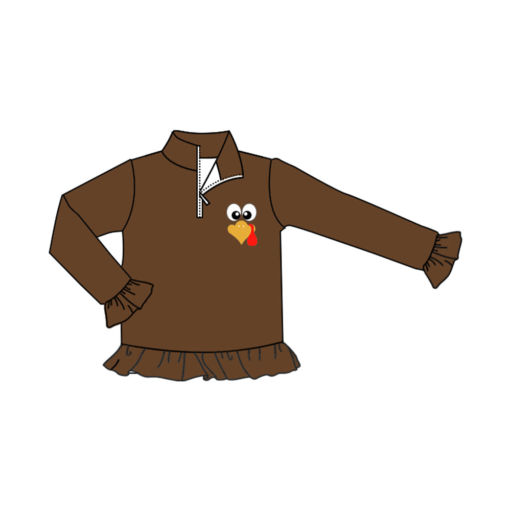 preorder GT1076 Thanksgiving turkey brown long sleeve zipper girls top