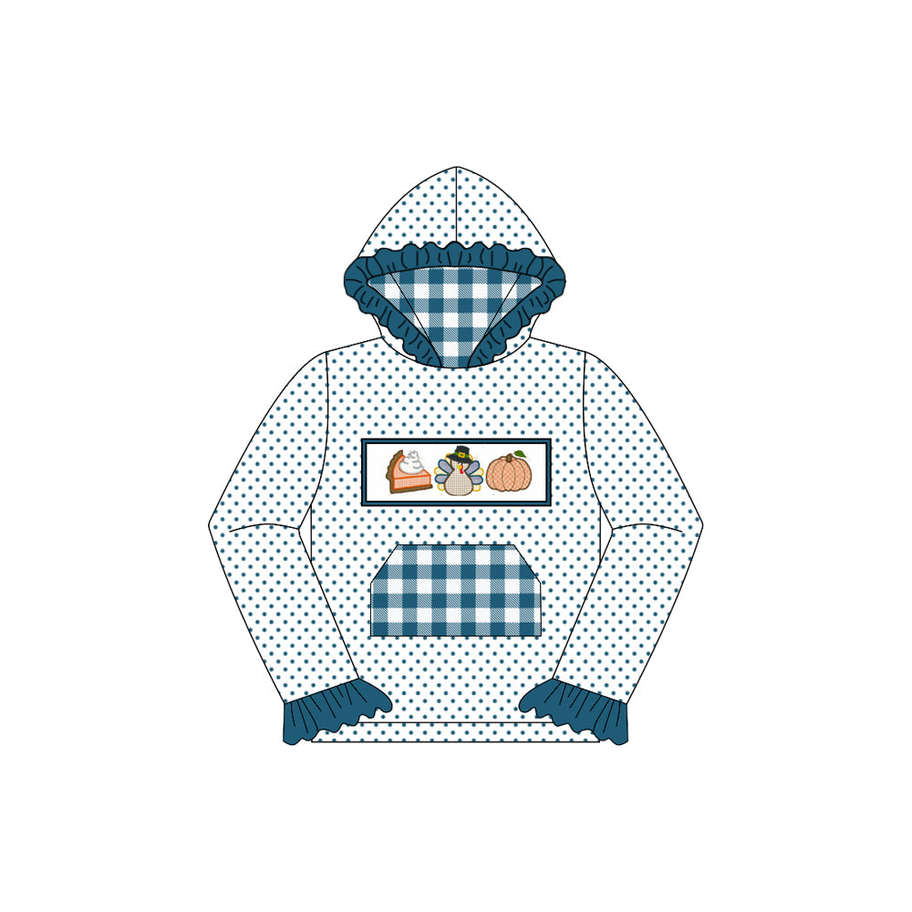 preorder GT1108 Thanksgiving turkey pumpkin blue dot checkered hoodie pocket long sleeve girls top