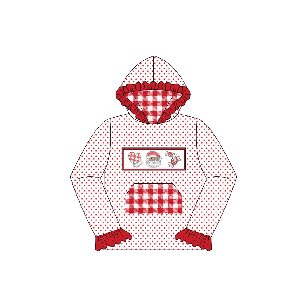 preorder GT1107 Christmas Santa candy dot checkered hoodie pocket long sleeve girls top